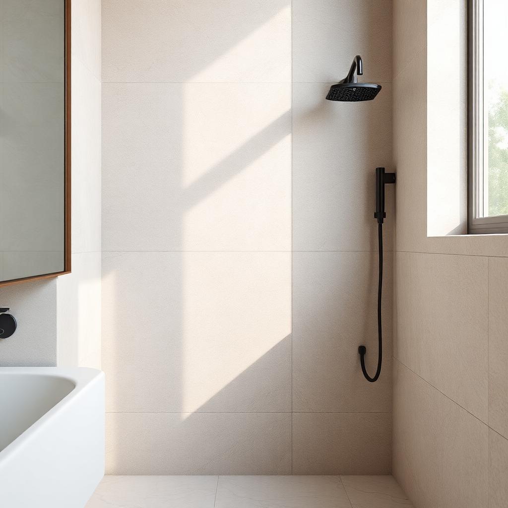 Stone-look porcelain tiles in a Sunshine Coast bathroom by Maroochydore Tiling